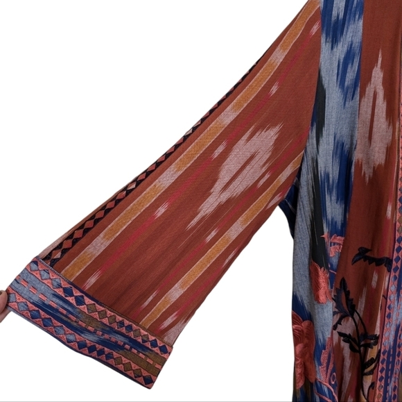 Soft Surroundings blue orange ikat embroidered duster kimono sz L NWT - Picture 3 of 9
